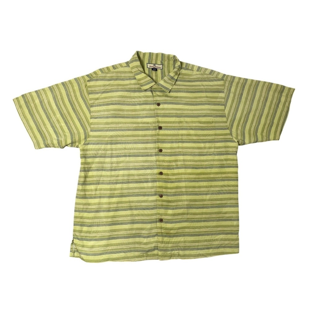 Tommy Bahama 100% Silk Button Up Shirt Mens XL Green Relax Striped Leaf Print - Picture 1 of 10